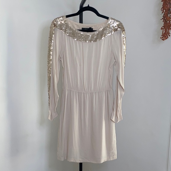 BCBGMaxAzria Cream Dress with Gold Sequin Shoulders - Picture 1 of 10
